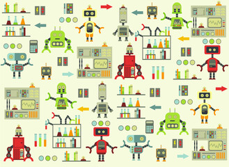 pattern with different cute cartoon robots.