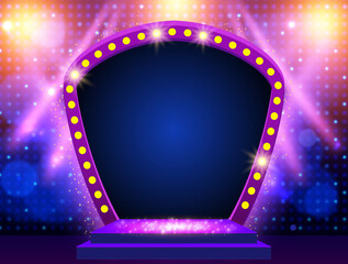 Obraz premium Mosaic background with blue and yellow spotlights and arch banner. Design for presentation, concert, show