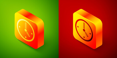 Isometric Clock icon isolated on green and red background. Time symbol. Square button. Vector