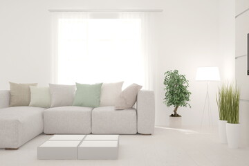 Soft color living room with sofa. Scandinavian interior design. 3D illustration