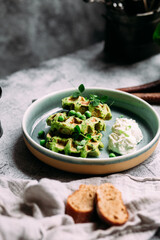 Zucchini waffles with cream cheese. Vegetarian green waffles
