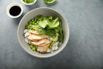 Healthy rice bowl with chicken and spinach