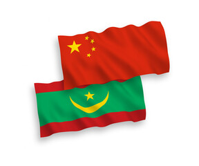 National vector fabric wave flags of Islamic Republic of Mauritania and China isolated on white background 1 to 2 proportion.