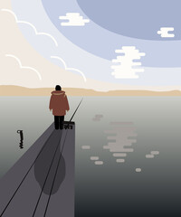 A woman in warm clothes on the shore of the lake fishing with a fishing rod. Vector illustration. A fisherman stands on a wooden pier. View from the back. 