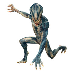 3D Rendering Blue Alien on White