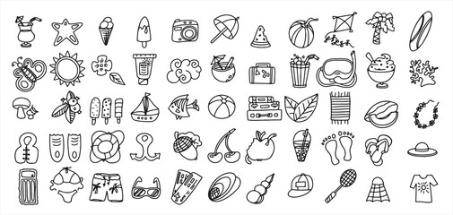 A Big vector doodle summer set. Accessories for beach holidays by the sea. Flat design Illustration for ads, web, flyers, and banners. Set of drawn by hand icons. Summer fruits, food, transport and