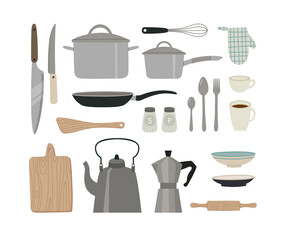Vector illustration of kitchen utensils. Knife, pan, salt, and pepper shaker, frying pan, whisk, plate, spoon, and fork, kettle, plate, plates, coffee kettle. Concept of cooking and healthy eating. 
