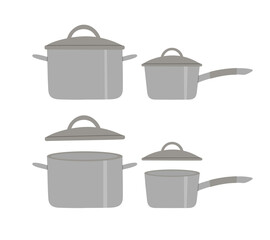 Vector illustration of metallic pans, in open and closed form. Concept of cooking and healthy eating. Kitchen utensils. Hand-drawn set in flat style.