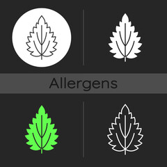 Fototapeta na wymiar Nettle dark theme icon. Alternative medicine. Herbal ingredient for homeopathy. Seasonal allergy for plant. Linear white, simple glyph and RGB color styles. Isolated vector illustrations