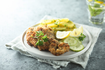 Traditional Austrian schnitzel with potato salad