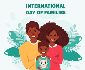 Happy black family with son and cat. Parents hugging child. International Day of families. Vector illustration