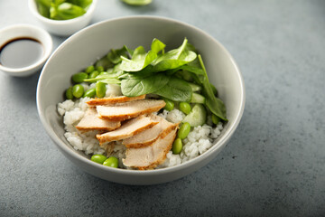 Healthy rice bowl with chicken and spinach