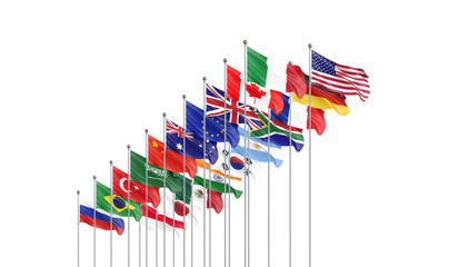 Waving flags countries of members Group of Twenty. Big G20, in Rome, the capital city of Italy, on 30&ndash;31 October 2021. 3d Illustration. Isolated on white background.