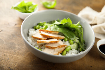 Healthy rice bowl with chicken and spinach