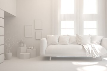 White minimalist living room with sofa. Scandinavian interior design. 3D illustration