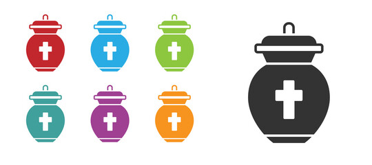Black Funeral urn icon isolated on white background. Cremation and burial containers, columbarium vases, jars and pots with ashes. Set icons colorful. Vector