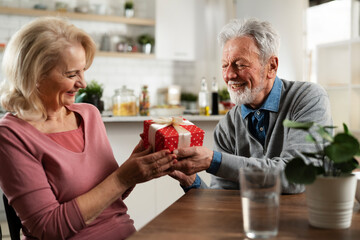 Husband giving a present to his wife. Senior man surprise his beautiful wife.