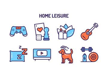 Home leisure line color icons set. Homework: Cleaning, Cooking, Yoga. Isolated vector element.