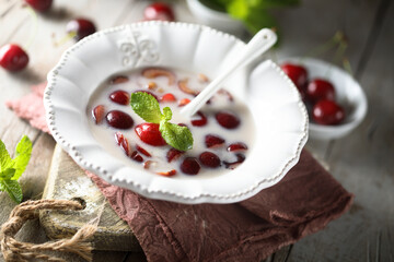 Cold cherry soup with yogurt or cream