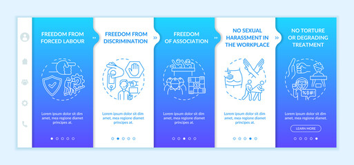 Migrant workers freedoms onboarding vector template. Responsive mobile website with icons. Web page walkthrough 5 step screens. Immigrant right color concept with linear illustrations