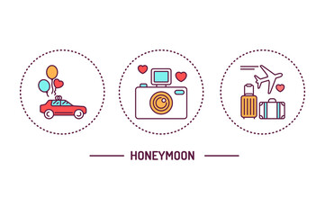 Honeymoon color line icons concept. Wedding agency. Isolated vector element. Outline pictograms for web page, mobile app, promo