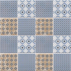 Seamless blue gray brown vintage retro geometric square mosaic flower leaf ornate motif cement tiles wall texture background