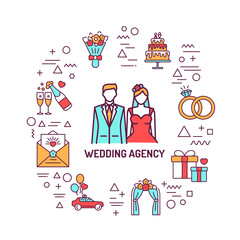 Naklejka premium Wedding agency web banner. Infographics with linear icons on white background. Creative idea concept. Isolated outline color illustration