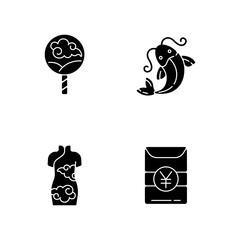 Asian traditions black glyph icons set on white space. Chinese ancient fan. Koi carp fish. Cheongsam, female kimono. Hong Bao. Culture of China. Silhouette symbols. Vector isolated illustration