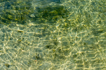 Abstract clear transparent green water in the lake, river, pond or creek with visible depth with tiny stones covered with slime and algae.  
