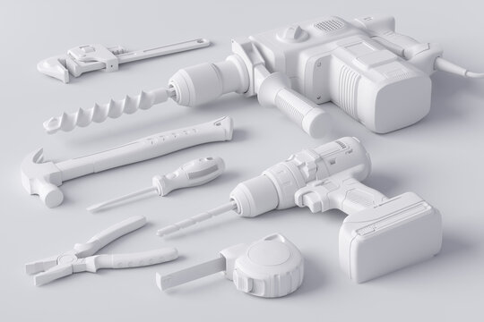 Top view of monochrome construction tools for repair and installation on white