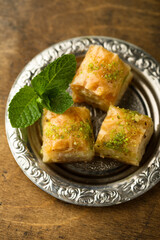 Traditional homemade Turkish baklava with pistachios