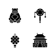 Chinese culture black glyph icons set on white space. Big panda. Pellet drum. Chinese knotting. Forbidden City. Asian history. Eastern traditions. Silhouette symbols. Vector isolated illustration