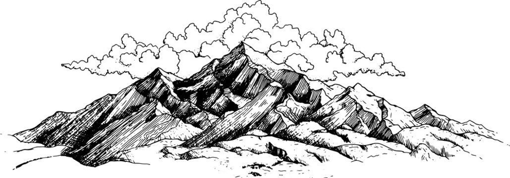 vector nature scene of mountains and clouds pen illustration