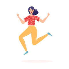 Happy person jumping. Woman with raised hands jumping in the air. Positive and laughing women. Young funny teen girl celebrate victory and enjoy success. Flat vector illustration isolated on white