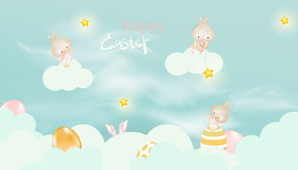 Happy Easter with decorated eggs, cute bunny and flowers. happy Easter with beautiful clouds.