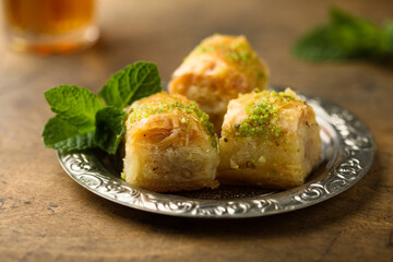 Traditional homemade Turkish baklava with pistachios