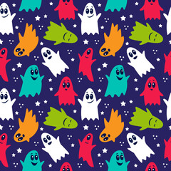 Seamless pattern of cute funny cartoon ghosts on a black background