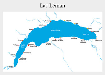 small outline map of Lake Geneva, Switzerland, France 