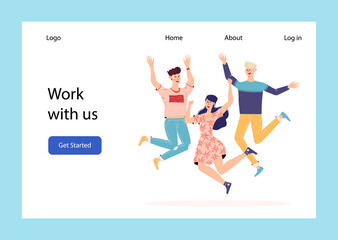 Happy people jumping set. Group of joyful people with raised hands jumping together. Positive and laughing men and women. Young funny teens guys and girls. Template for website or web landing page. .