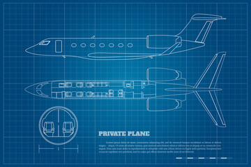 Outline private airplane interior. Side and top view of business plane. Plane seats map. Drawing of commercial aircraft. Luxury jet industrial blueprint. Passenger plan