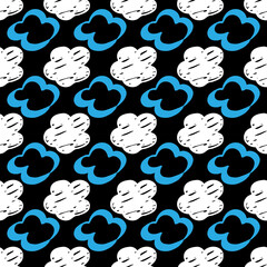 Seamless drawn cloud pattern. Brush painted clouds on a black background
