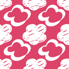 Seamless drawn cloud pattern. Brush painted clouds on a pink background