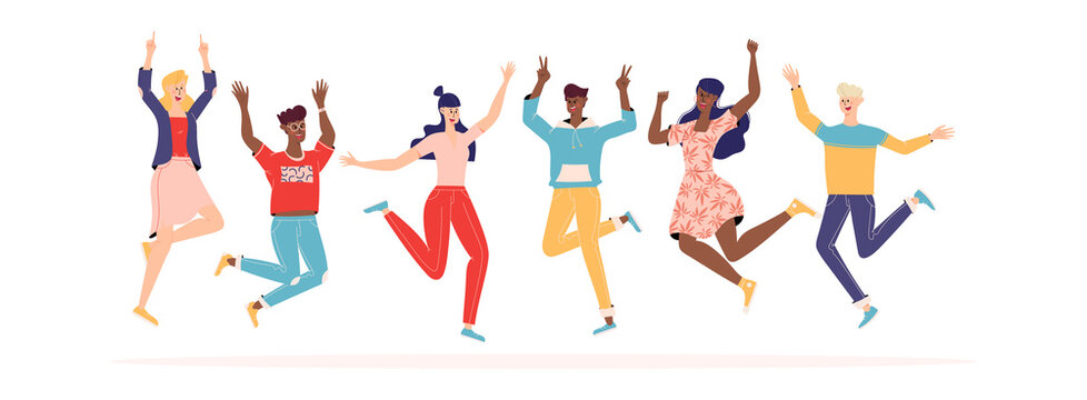 Happy people jumping set. Diverse group of joyful people with raised hands jumping together. Positive and laughing men and women. Young funny teens guys and girls jumping together. Flat illustration