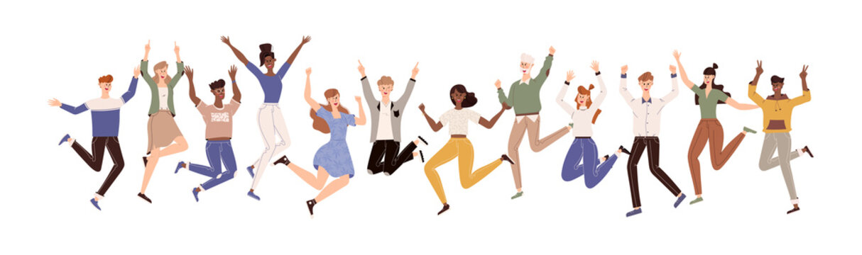 Happy people jumping set. Diverse group of joyful people with raised hands jumping together. Positive and laughing men and women. Young funny teens guys and girls jumping together. Flat illustration