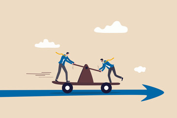 Fototapeta premium Teamwork collaboration to success in work, togetherness or partnership help reach goal or target concept, businessman working team collaborate to ride handcar on forward arrow.