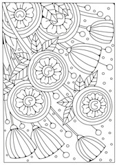 Round flowers and buds. Art line. Flower coloring page. Black and white background for coloring. Vector illustration.