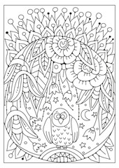 Coloring page with flowers and owl. Vector black and white illustration for coloring. Line art. Art therapy.