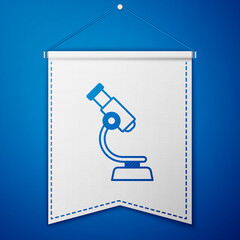 Blue Microscope icon isolated on blue background. Chemistry, pharmaceutical instrument, microbiology magnifying tool. White pennant template. Vector