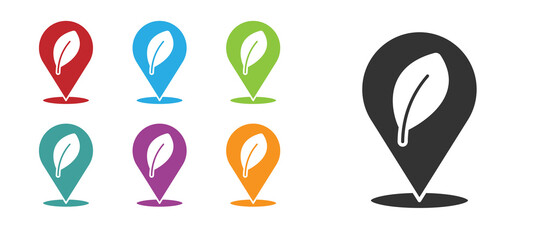 Black Location with leaf icon isolated on white background. Eco energy concept. Alternative energy concept. Set icons colorful. Vector