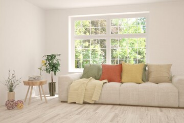 White living room with sofa and summer landscape in window. Scandinavian interior design. 3D illustration